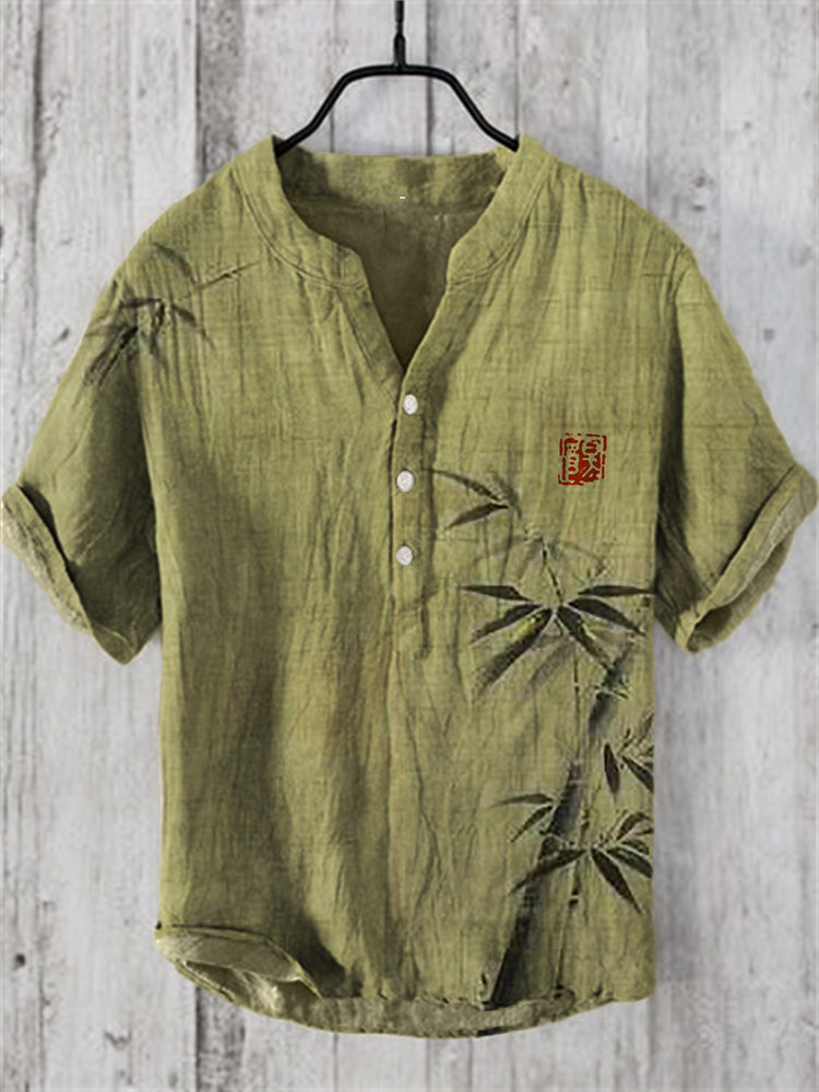 Men’s Green Bamboo Linen Shirt | Japanese Nature Print Summer Shirt by Urbantrenz