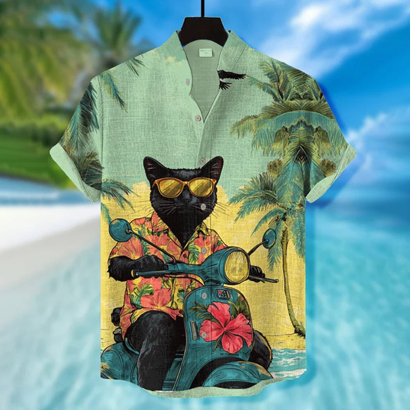 Tropical Cat on Scooter Shirt – Summer Vacation Linen Shirt for Men | Urbantrenz