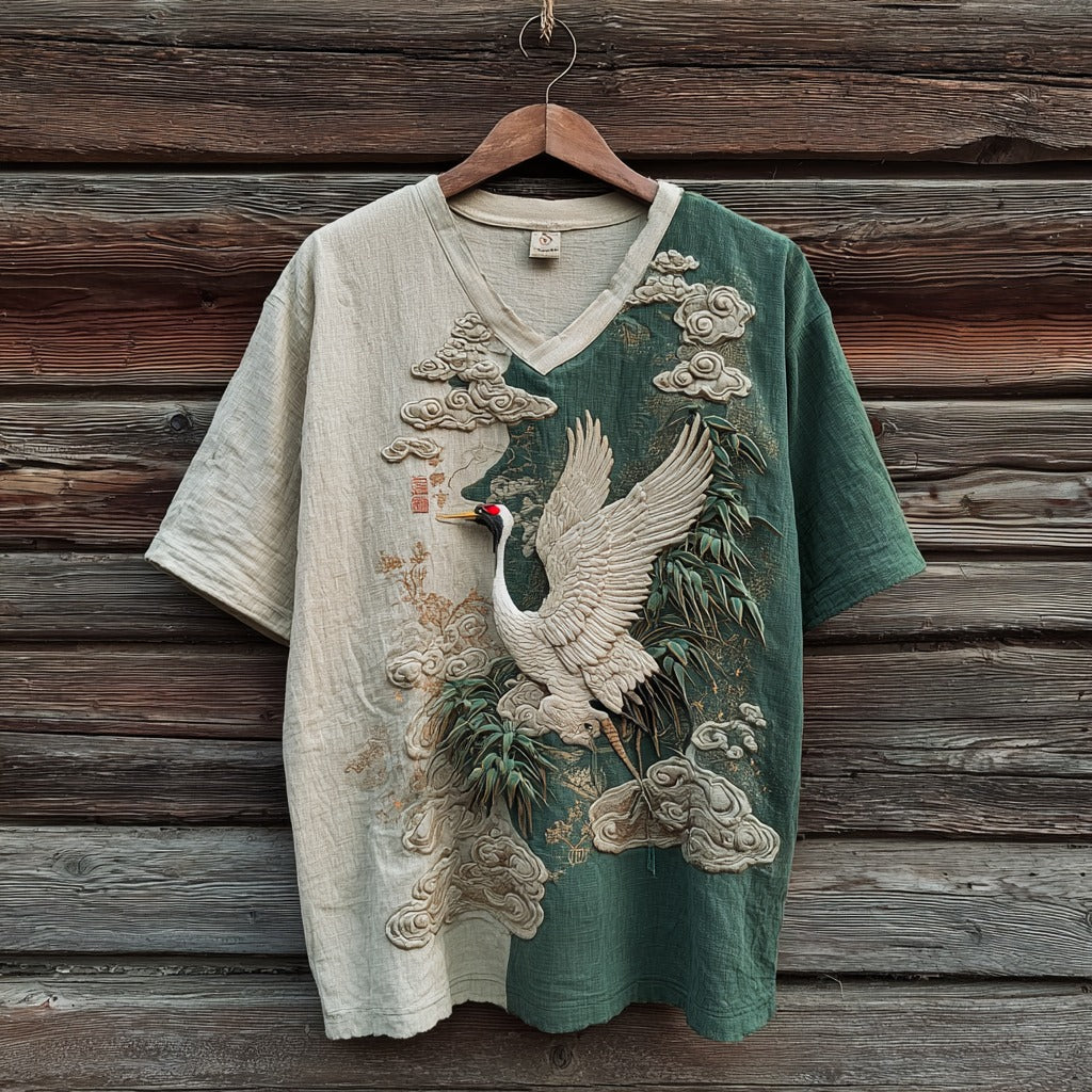 Men’s Green & Beige Linen Crane Art Shirt | Vintage Japanese Embroidered Shirt by Urbantrenz