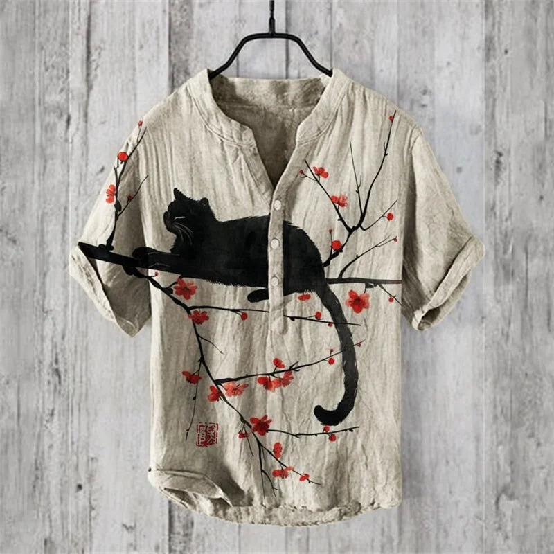 Men’s Black Cat Cherry Blossom Shirt | Artistic Linen Cotton Short Sleeve Shirt by Urbantrenz