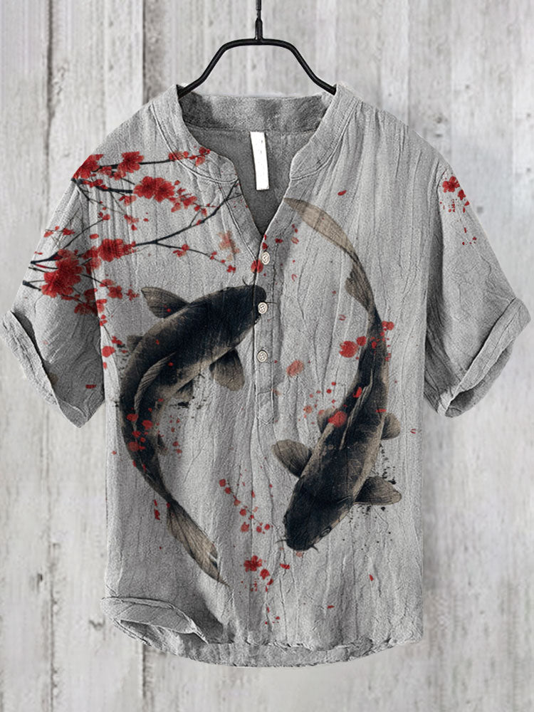 Men’s Koi Fish Linen Shirt | Artistic Japanese Style Summer Top by Urbantrenz