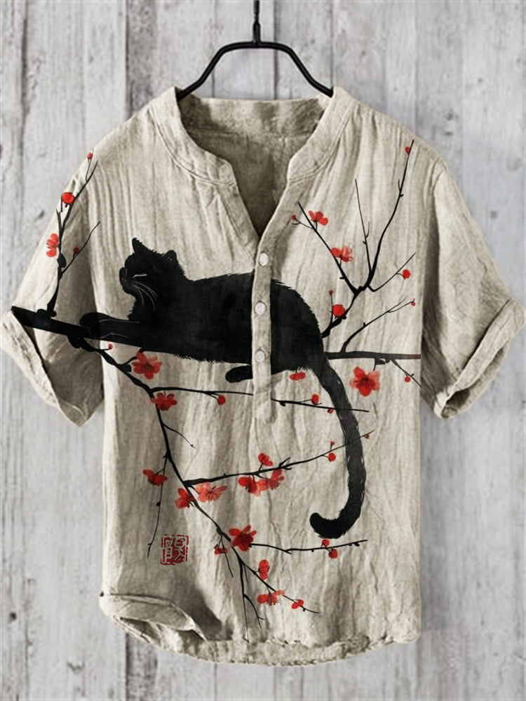 Men’s Black Cat Cherry Blossom Shirt | Artistic Linen Cotton Short Sleeve Shirt by Urbantrenz
