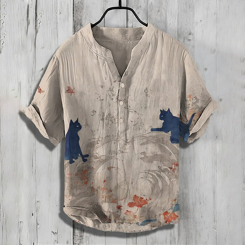 Men’s Artistic Cat Print Linen Shirt | Grey Casual Summer Shirt by Urbantrenz