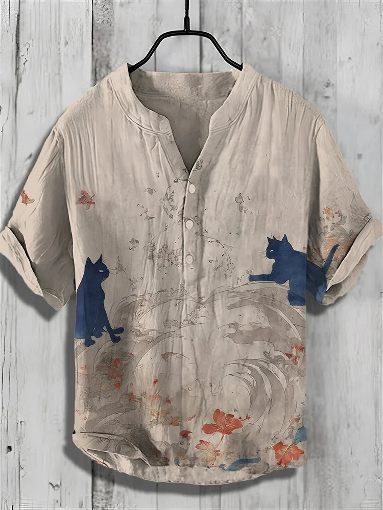 Playful Blue Cat Art Linen Shirt – Japanese Vintage Casual Wear | Urbantrenz
