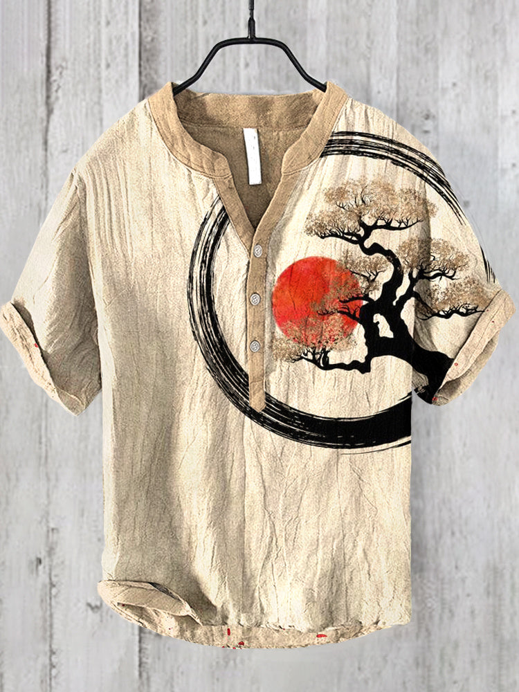 Men’s Beige Tree & Red Sun Printed Linen Shirt | Zen Nature Art Design by Urbantrenz