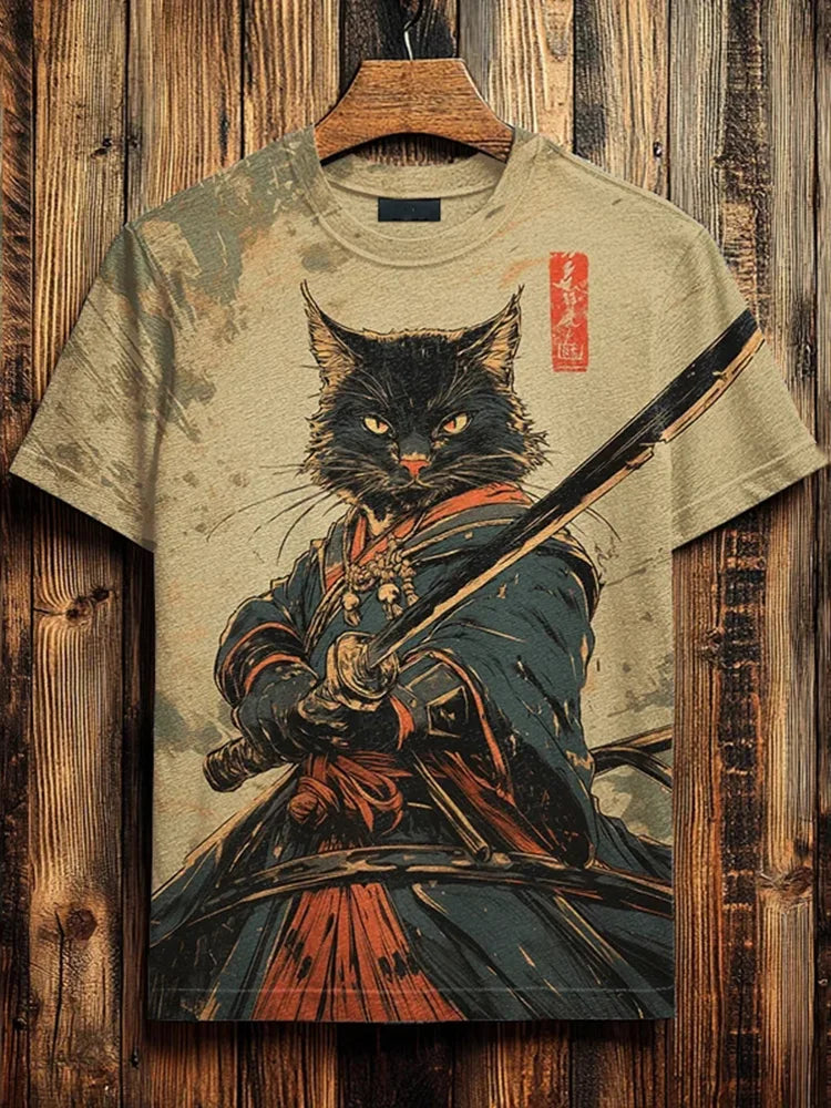 Samurai Black Cat T-Shirt – Vintage Japanese Warrior Graphic Tee for Men | Urbantrenz