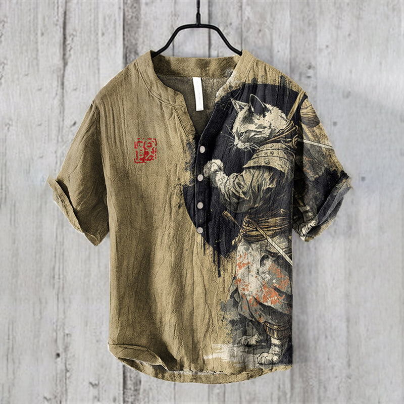 Men’s Samurai Cat Print Linen Shirt | Khaki Vintage Japanese Style Shirt by Urbantrenz