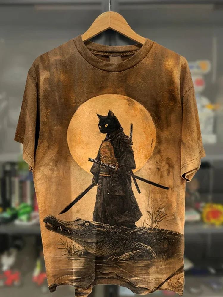 Samurai Cat Warrior Graphic T-Shirt | Japanese Art Cotton Tee – Urbantrenz