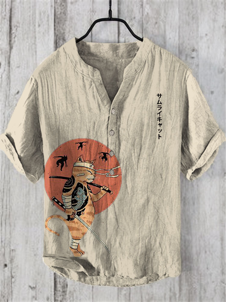 Men’s Samurai Cat Linen Shirt | Japanese Art Vintage Cotton Shirt – Urbantrenz