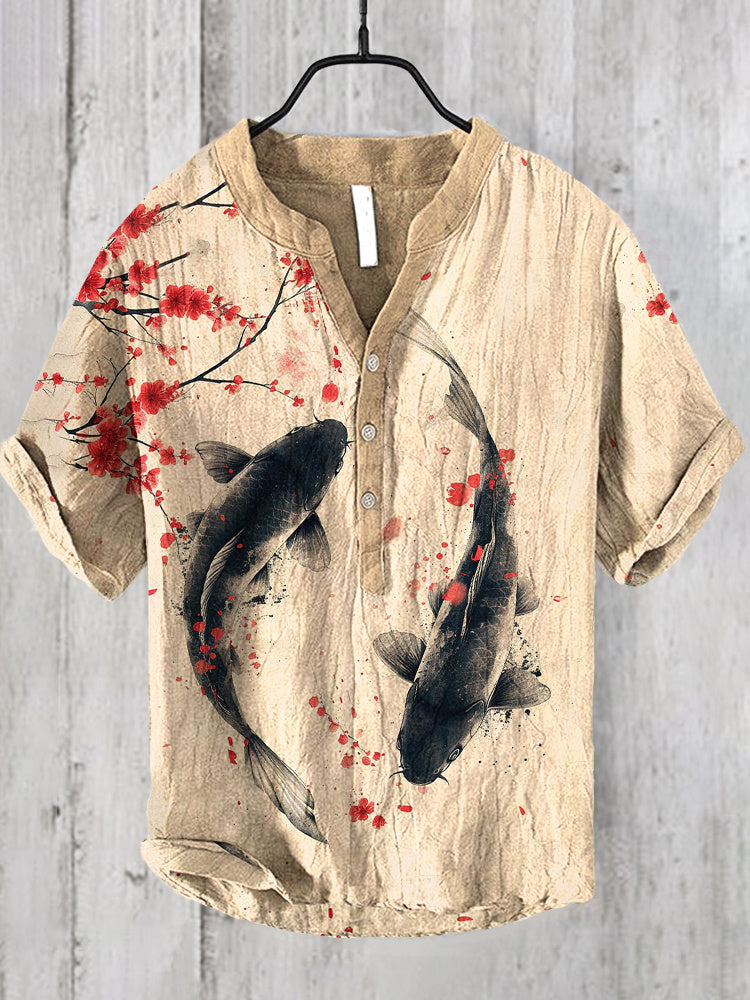 Men’s Koi Fish Linen Shirt | Artistic Japanese Style Summer Top by Urbantrenz