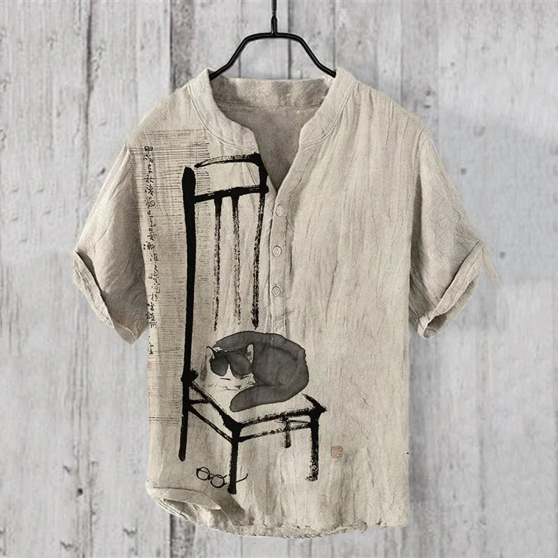 Men’s Japanese Cat on Chair Linen Shirt | Artistic Cotton-Linen Summer Top – Urbantrenz