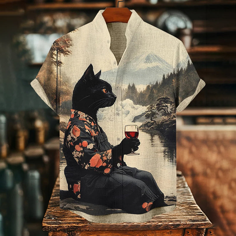 Khaki Black Cat Shirt – Artistic Cat with Wine Print Vintage Linen Shirt for Men | Urbantrenz