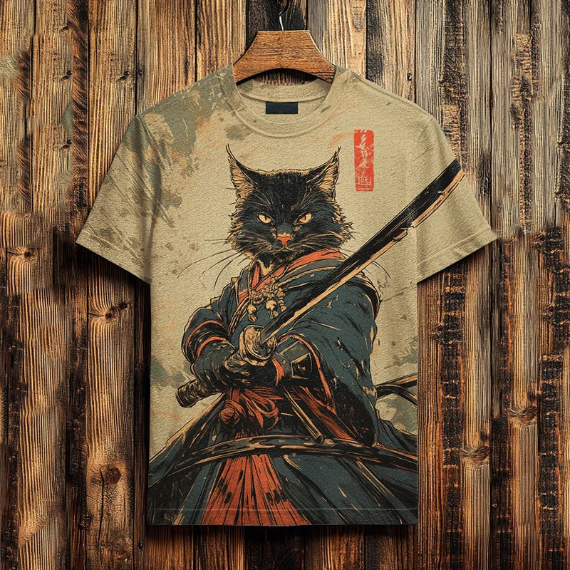 Samurai Black Cat T-Shirt – Vintage Japanese Warrior Graphic Tee for Men | Urbantrenz