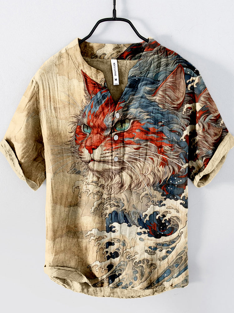 Samurai Cat & Ocean Wave Art Shirt | Japanese Kimono Style Shirt – Urbantrenz