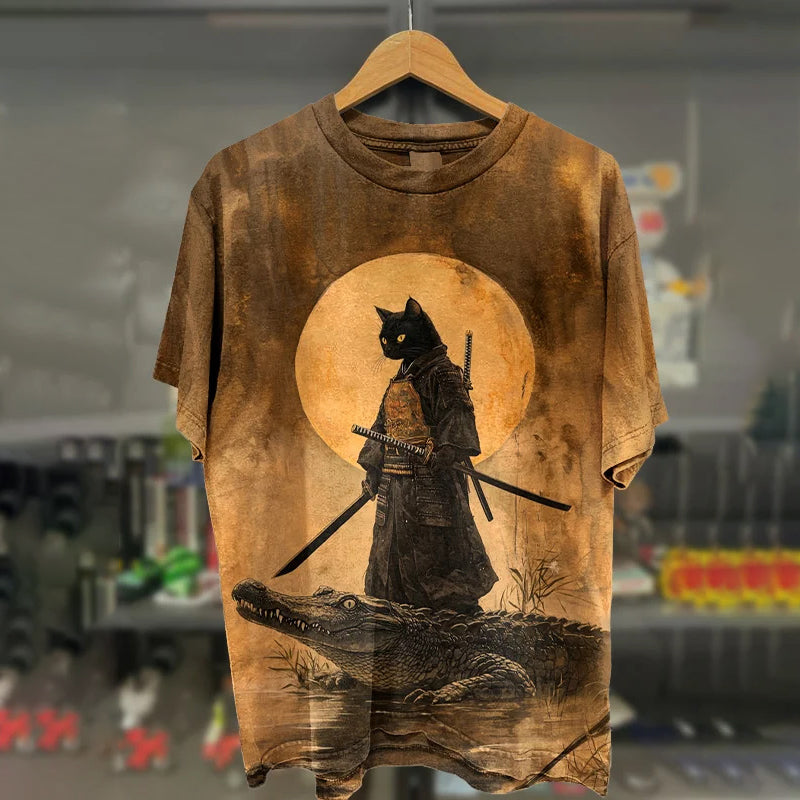Samurai Cat Warrior Graphic T-Shirt | Japanese Art Cotton Tee – Urbantrenz