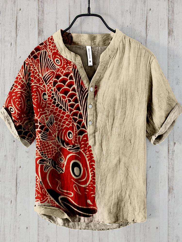 Men’s Red Koi Fish Linen Shirt | Artistic Japanese Half Print Summer Top by Urbantrenz