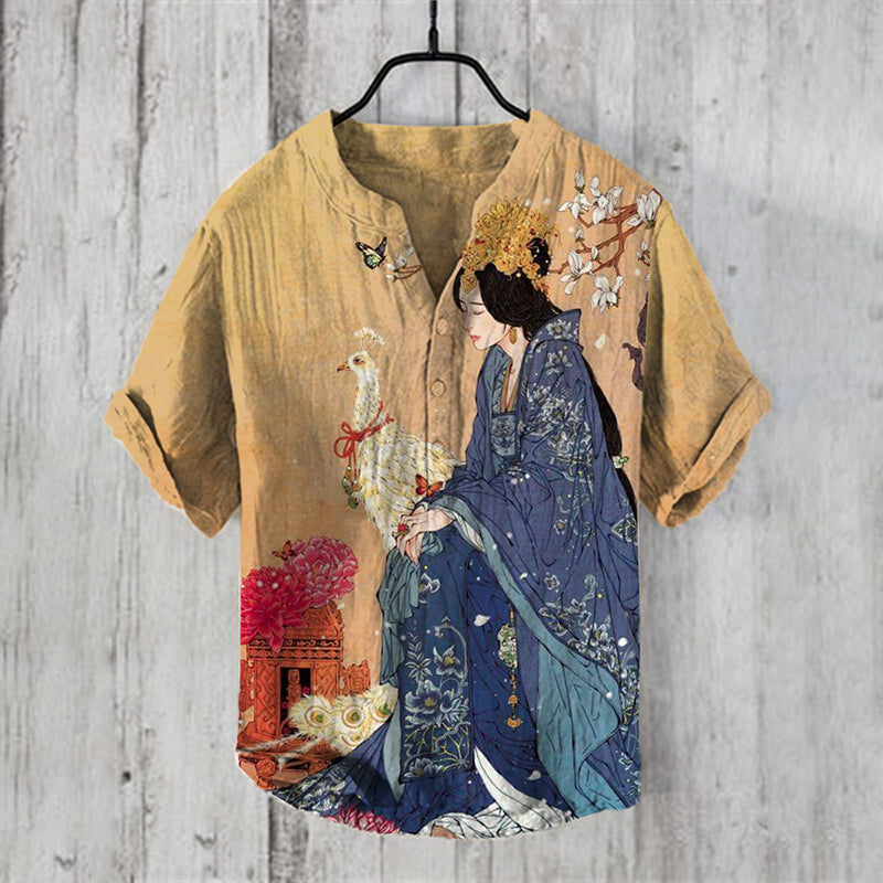 Men’s Artistic Royal Lady Linen Shirt | Vintage Oriental Printed Summer Shirt by Urbantrenz