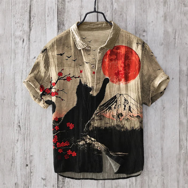 Red Moon Cat Linen Shirt – Artistic Japanese Print Casual Shirt for Men | Urbantrenz