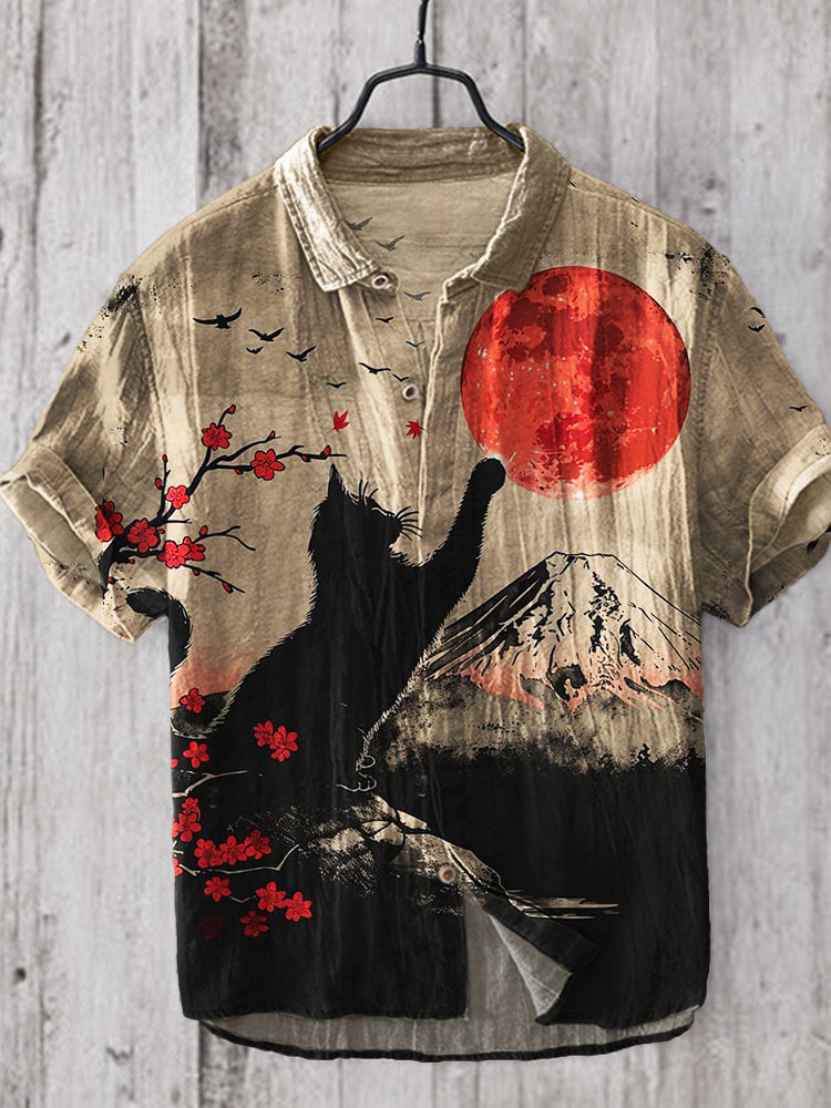 Red Moon Cat Linen Shirt – Artistic Japanese Print Casual Shirt for Men | Urbantrenz