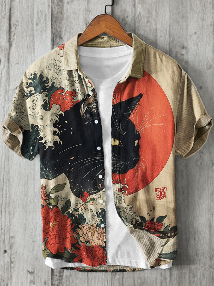 Japanese Black Cat Rising Sun Shirt – Vintage Kimono Art Style Linen Shirt for Men | Urbantrenz