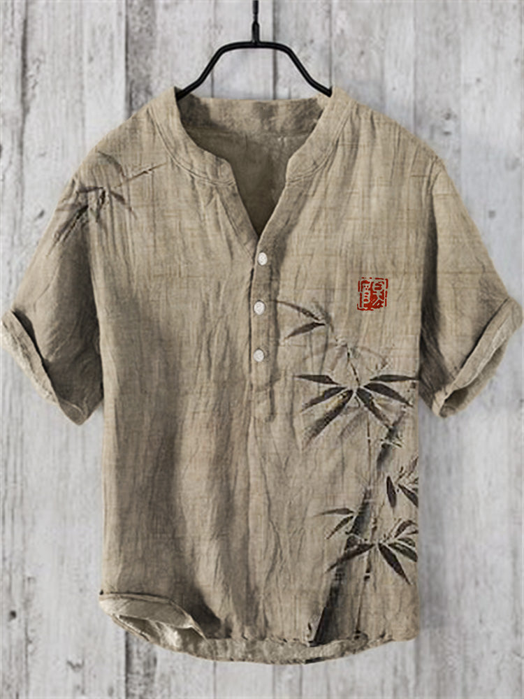 Men’s Green Bamboo Linen Shirt | Japanese Nature Print Summer Shirt by Urbantrenz