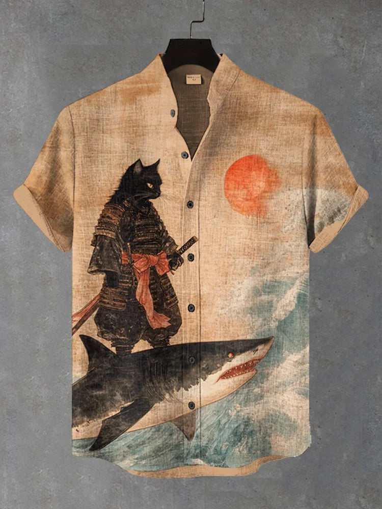 Samurai Cat Riding Shark Shirt – Japanese Art Graphic Summer Shirt for Men | Urbantrenz