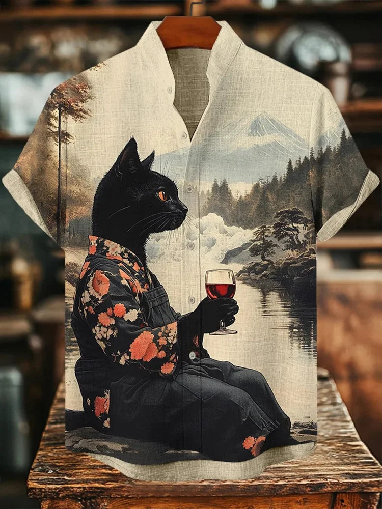 Khaki Black Cat Shirt – Artistic Cat with Wine Print Vintage Linen Shirt for Men | Urbantrenz
