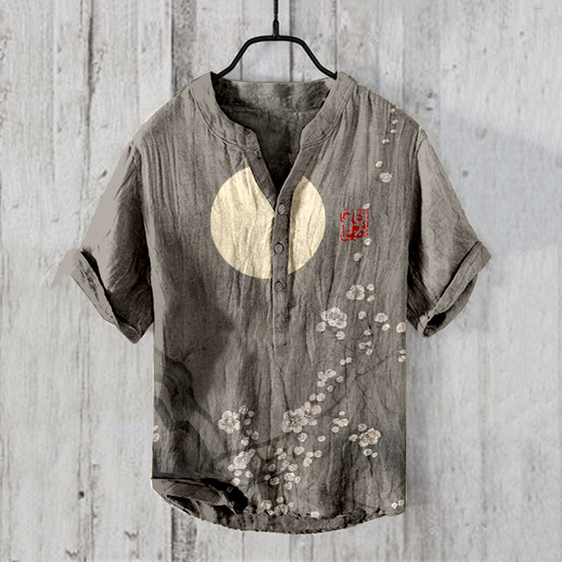 Men’s Moon Blossom Linen Shirt | Light Coffee Japanese Style Summer Shirt by Urbantrenz