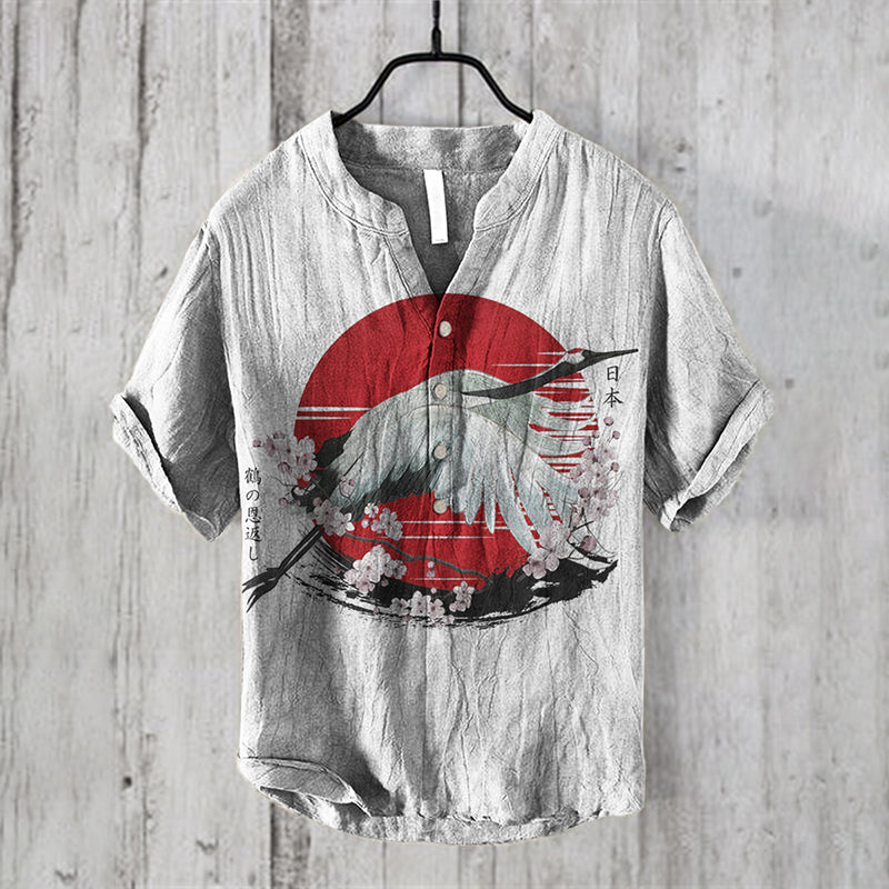 Men’s Japanese Crane Print Linen Shirt | Light Gray Artistic Summer Shirt by Urbantrenz