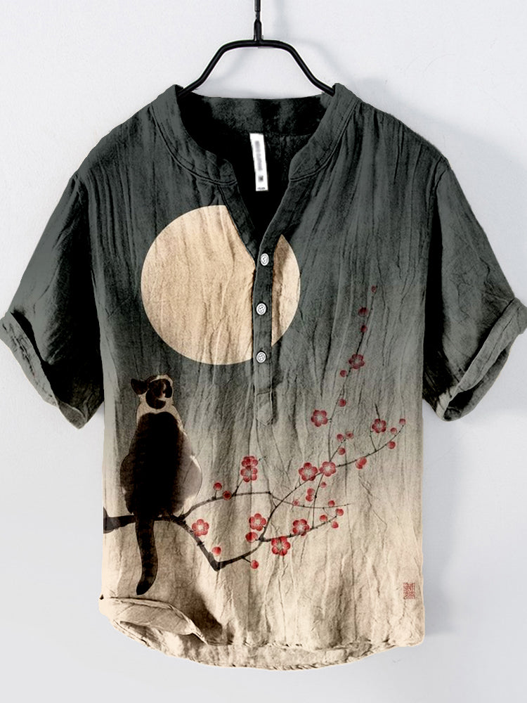 Zen Cat & Cherry Blossom Shirt | Japanese Moon Art Linen Shirt by Urbantrenz
