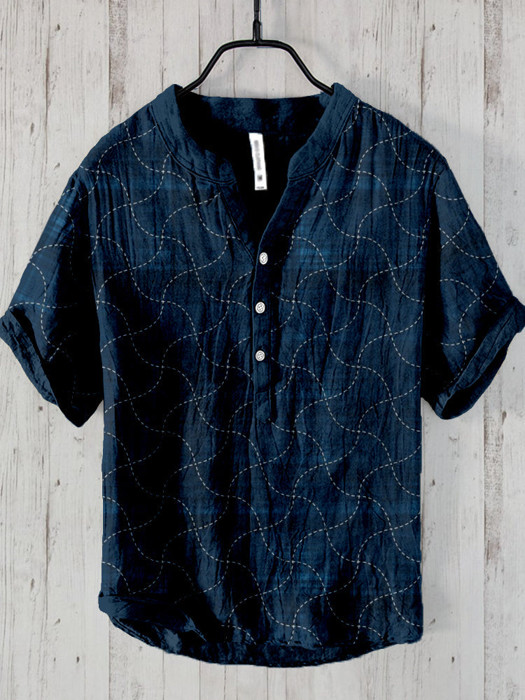 Men’s Navy Blue Linen Shirt with Hand-Stitch Wave Pattern | Casual Summer Shirt by Urbantrenz