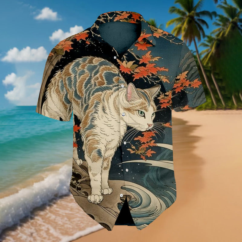 Navy Blue Autumn Cat Shirt – Japanese Wave Print Casual Shirt for Men | Urbantrenz