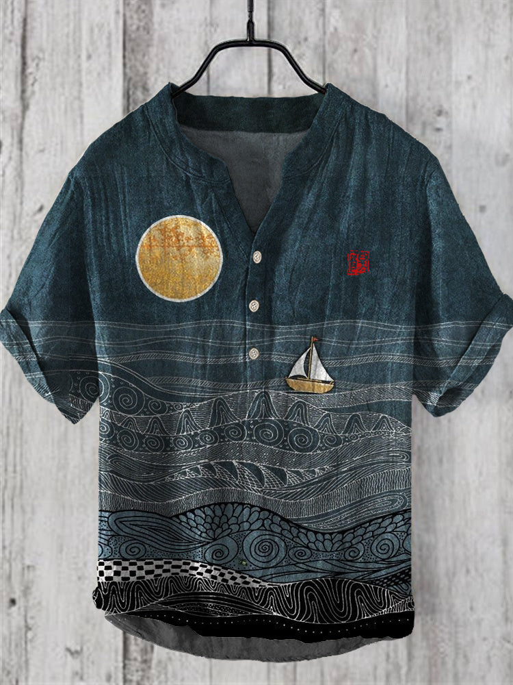 Men’s Navy Linen Art Shirt | Abstract Ocean & Sailboat Print Summer Shirt by Urbantrenz
