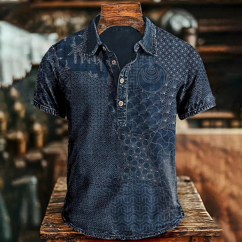 Men’s Navy Blue Geometric Printed Cotton Shirt | Vintage Japanese Patchwork Style by Urbantrenz
