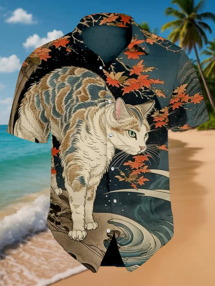 Navy Blue Autumn Cat Shirt – Japanese Wave Print Casual Shirt for Men | Urbantrenz