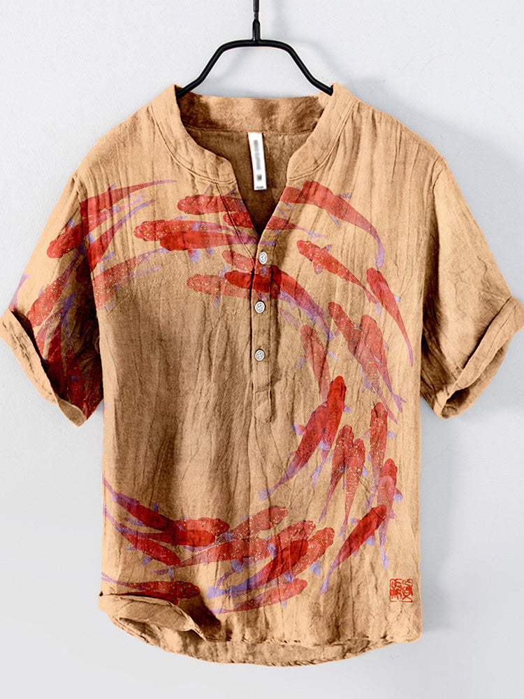 Men’s Brown Linen Shirt with Red Koi Fish Print | Japanese Art Summer Shirt by Urbantrenz
