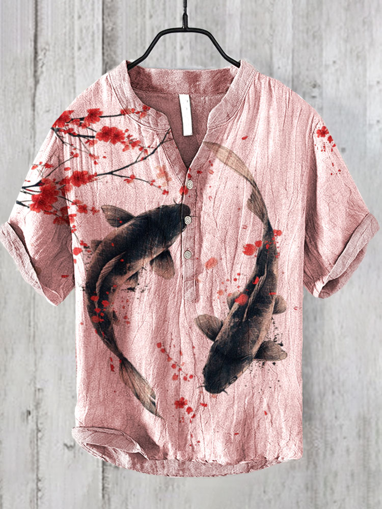 Men’s Koi Fish Linen Shirt | Artistic Japanese Style Summer Top by Urbantrenz