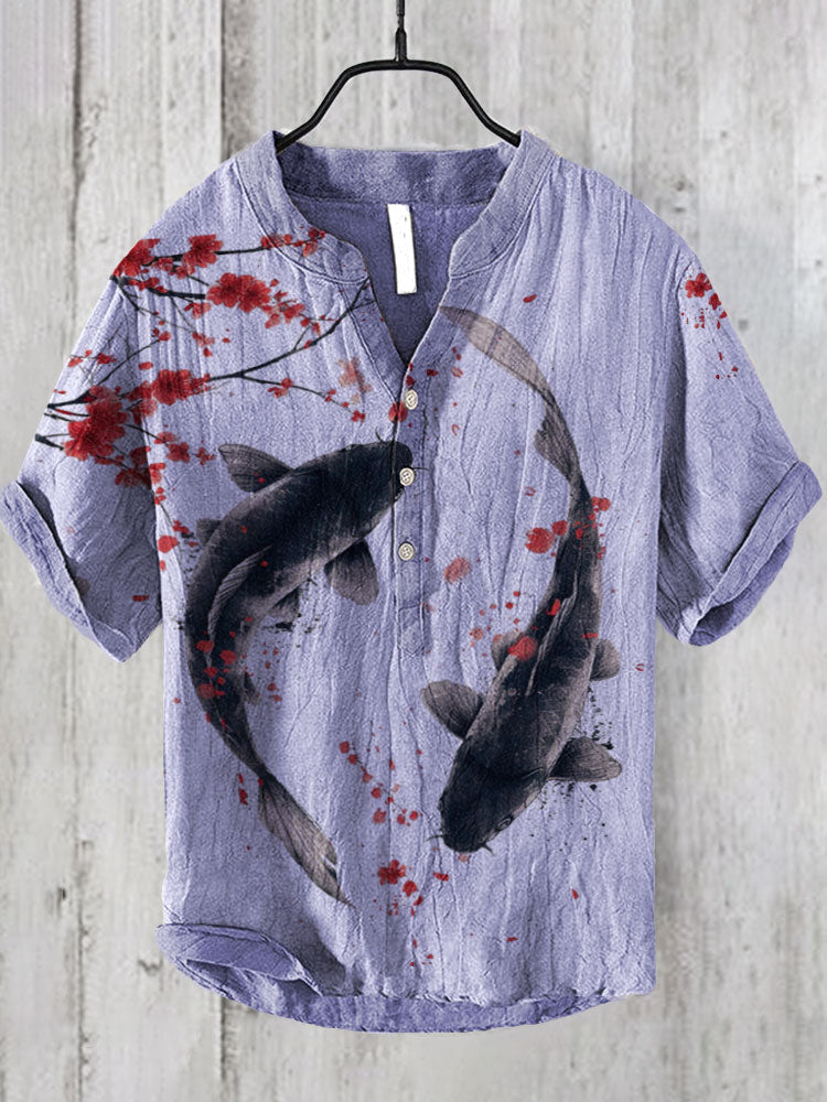 Men’s Koi Fish Linen Shirt | Artistic Japanese Style Summer Top by Urbantrenz