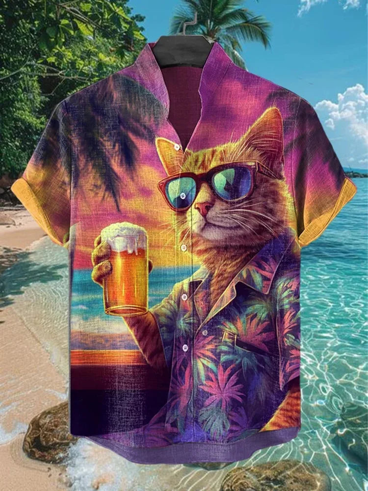 Tropical Sunset Cat Shirt – Cool Beach Vibe Linen Shirt for Men | Urbantrenz