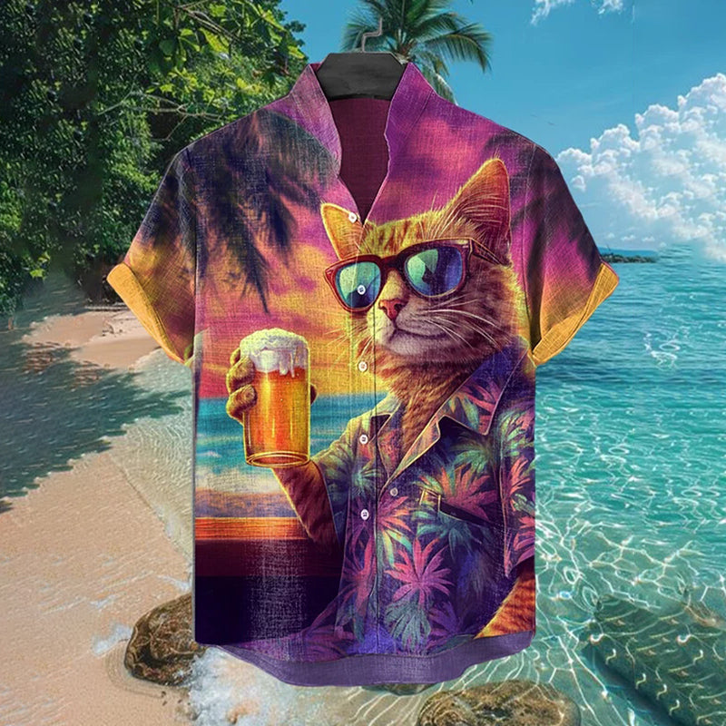 Tropical Sunset Cat Shirt – Cool Beach Vibe Linen Shirt for Men | Urbantrenz