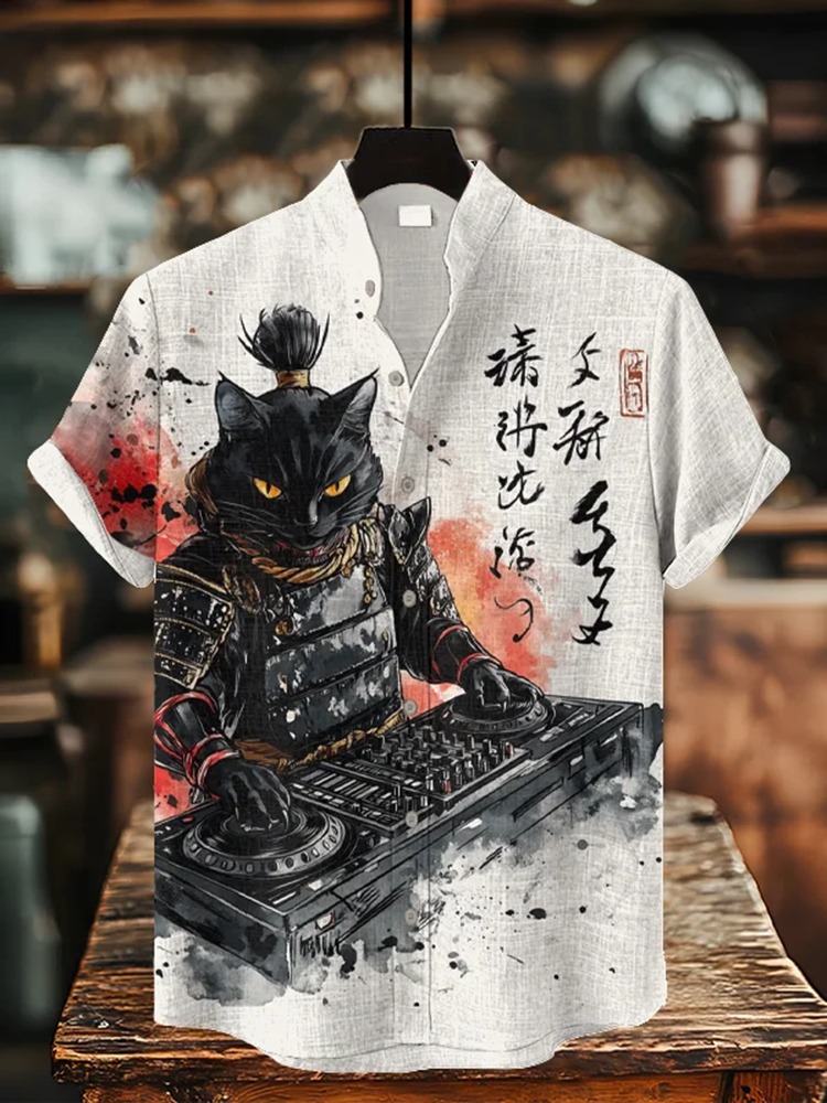 DJ Samurai Cat Linen Shirt – Japanese Streetwear Art Print | Urbantrenz