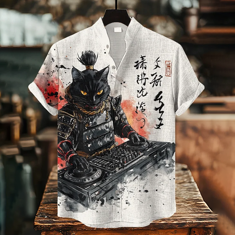 DJ Samurai Cat Linen Shirt – Japanese Streetwear Art Print | Urbantrenz
