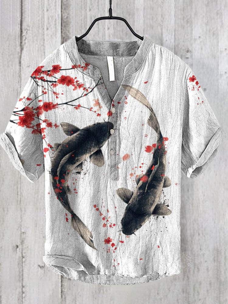 Men’s Koi Fish Linen Shirt | Artistic Japanese Style Summer Top by Urbantrenz