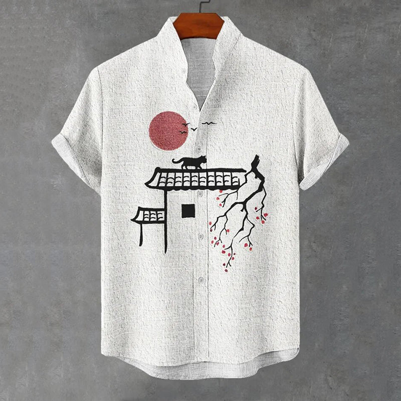 Men’s Japanese Minimalist Linen Shirt | Cat & Red Sun Art Print Shirt – Urbantrenz