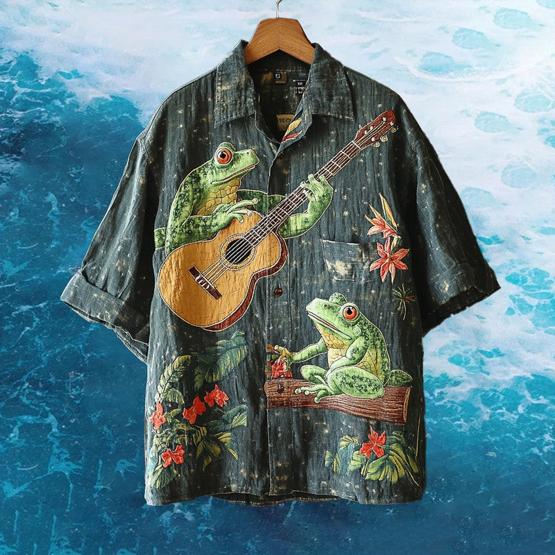 Tropical Guitar Frog Embroidered Hawaiian Shirt – Fun Beach Party Wear by ShopsyKart