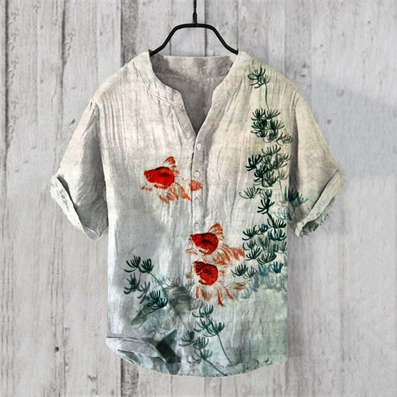 Men’s Red Goldfish Print Cotton Linen Shirt | Artistic Summer Casual Shirt by Urbantrenz