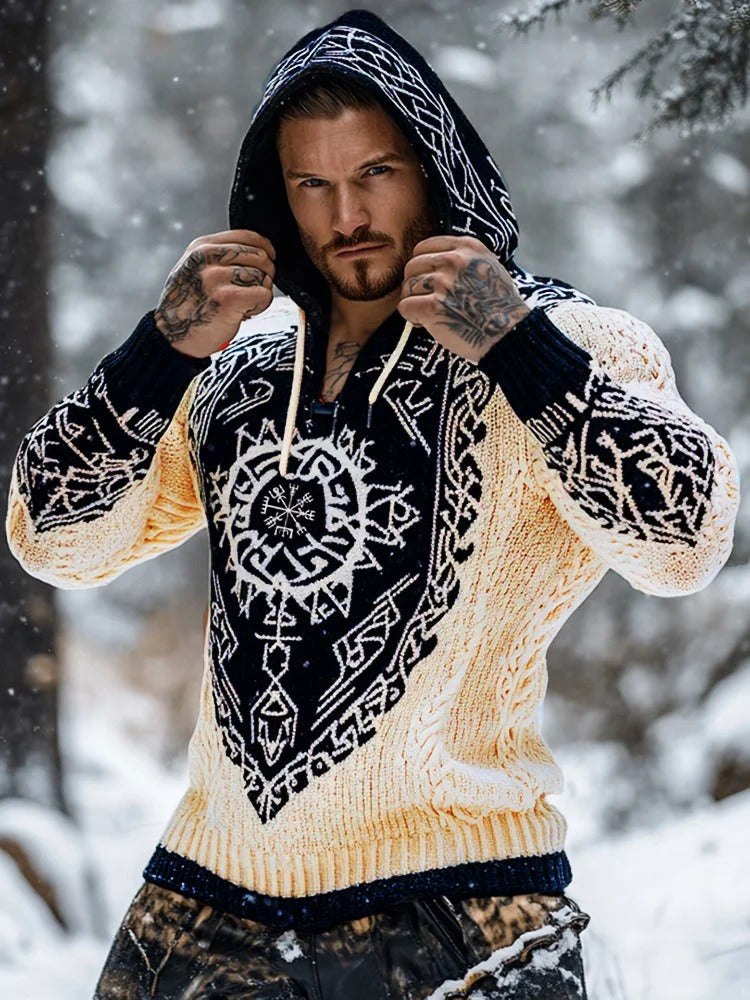 Men’s Nordic Rune Knit Hooded Sweater – White & Black | Urbantrenz