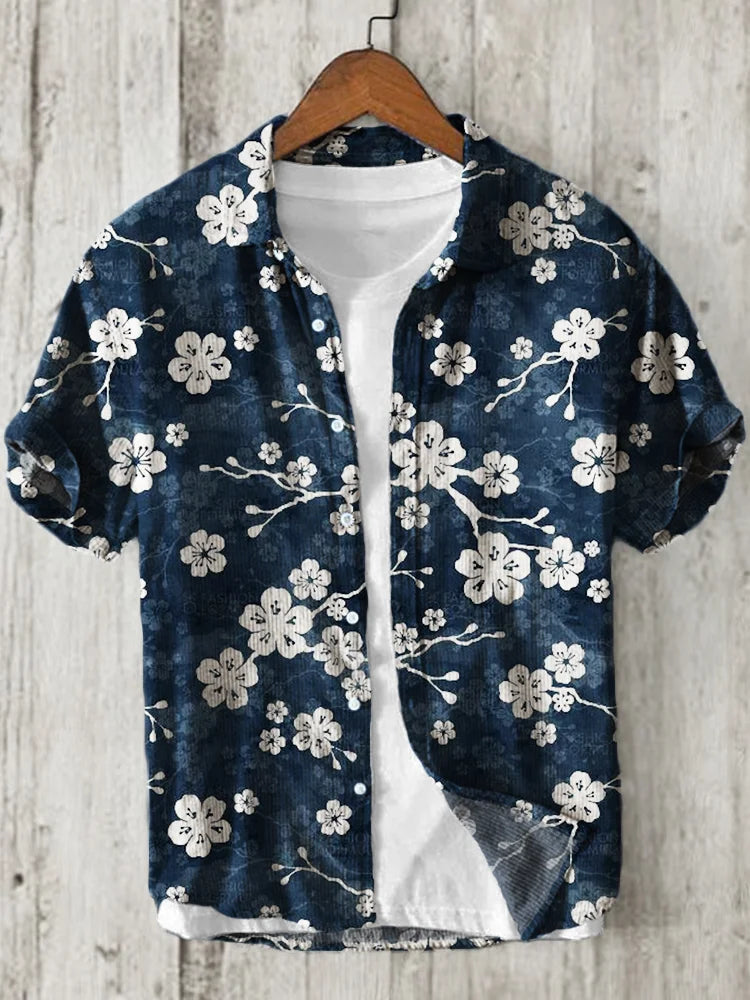 Men’s Navy Blue Floral Print Cotton Linen Shirt – Summer Beachwear by Urbantrenz