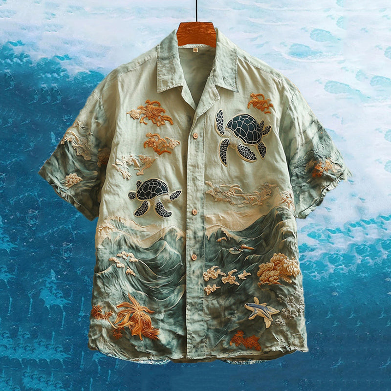 Ocean Waves & Sea Turtle Embroidered Shirt – Coastal Beachwear by Urbantrenz