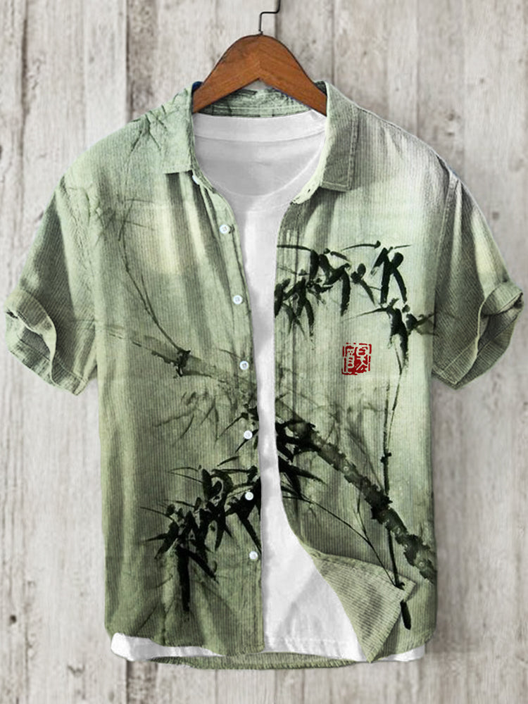 Men’s Green Bamboo Print Cotton Linen Shirt | Japanese Style Casual Summer Shirt by Urbantrenz